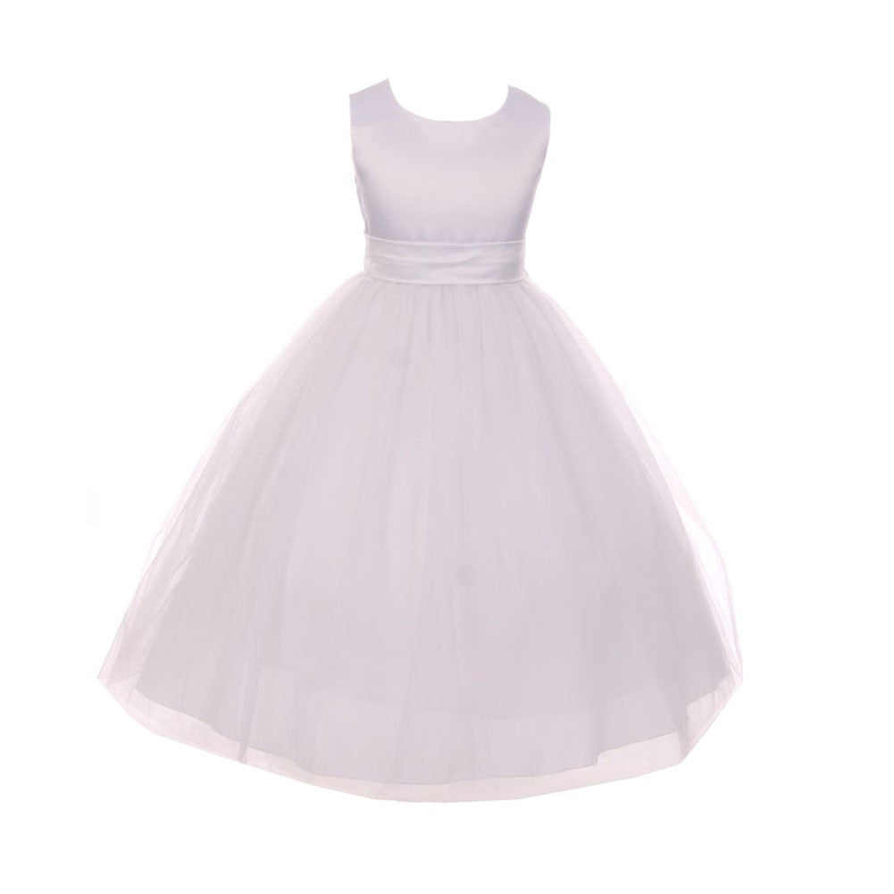Little Girls White Tulle Satin Sash Bow Flower Girl Dress 2-6