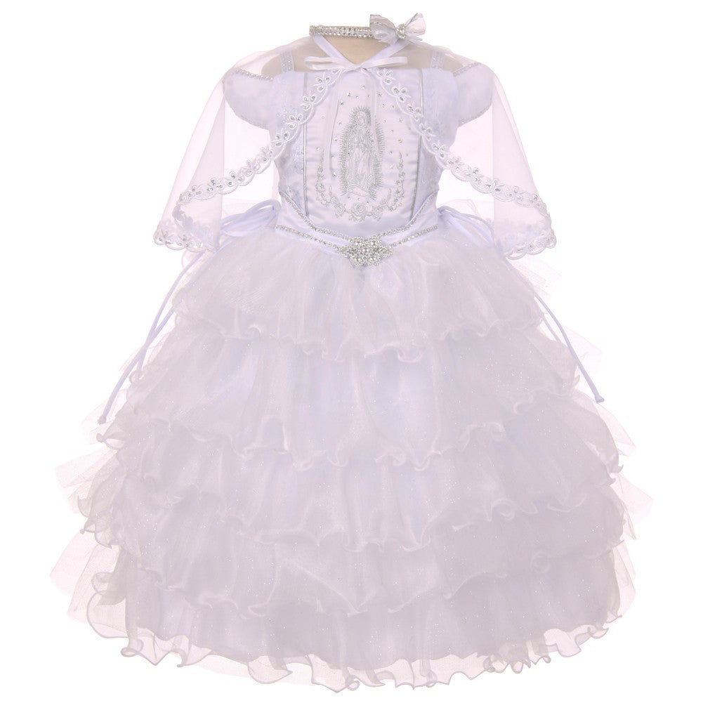 Baby Girls White Ruffles Virgin Mary Embroidery Baptism Dress 6-12M