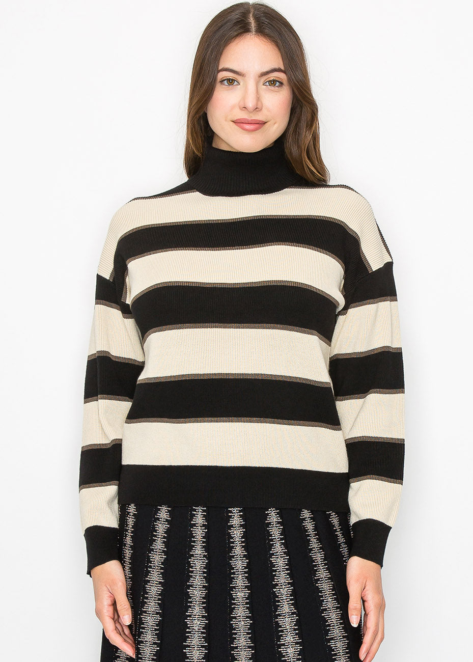 Black and Cream Striped Pullover with Turtleneck 7832927600700