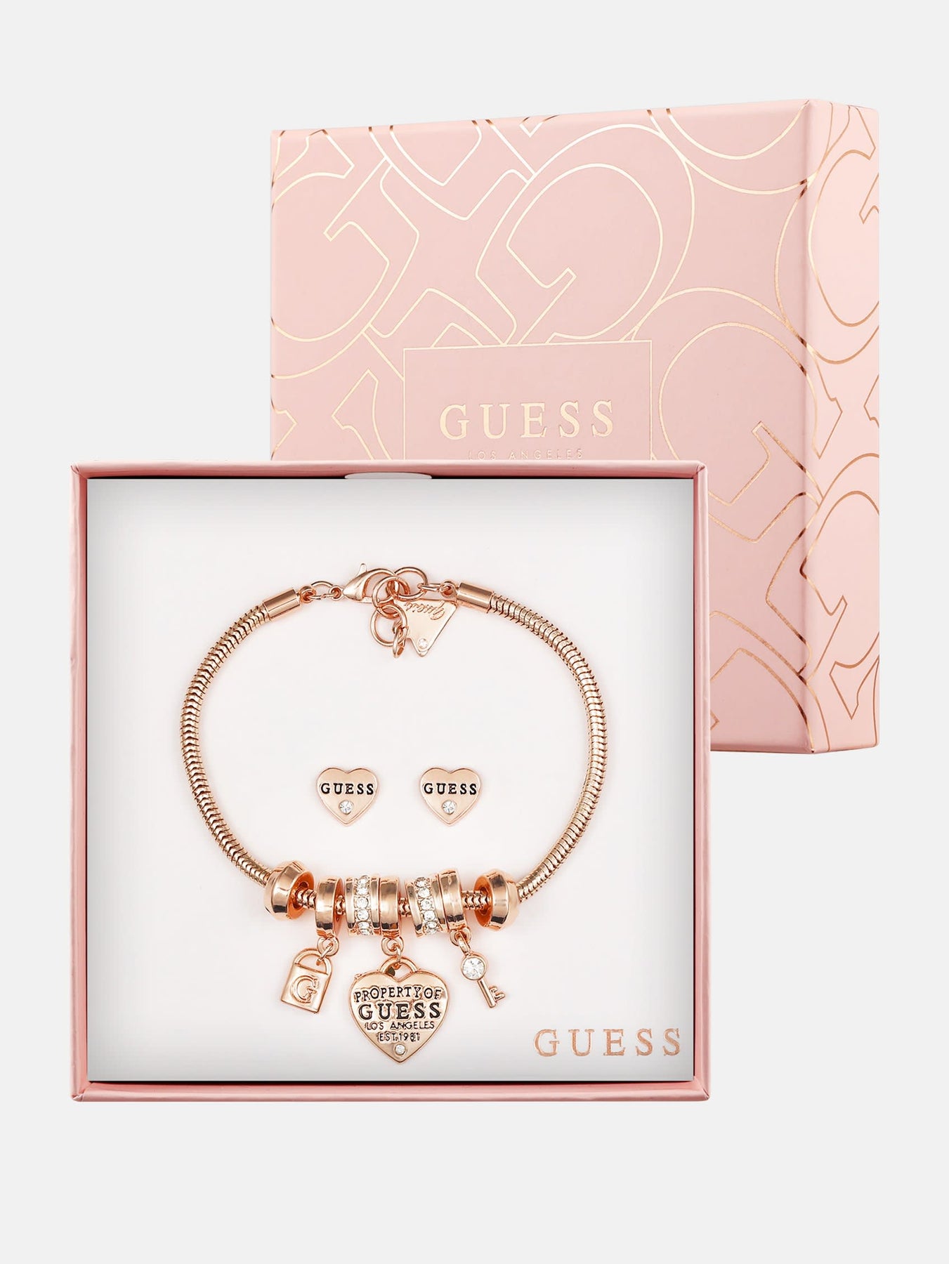 Rose Gold-Tone Charm Bracelet and Heart Earrings Box Set
