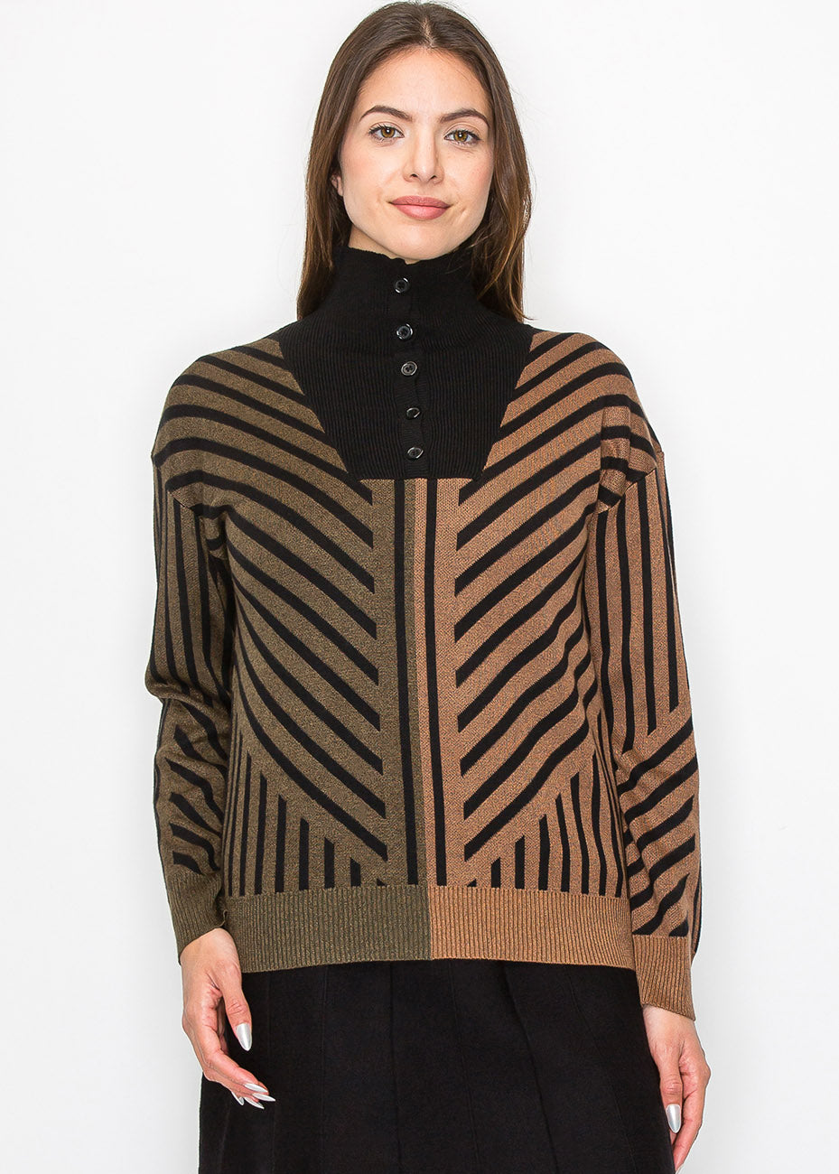 Camel & Black Sweater with Artistic Stripes 7832927961148