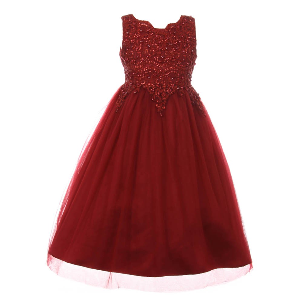 Big Girls Burgundy Pearl Sequin Tulle Satin Junior Bridesmaid Dress 8-16
