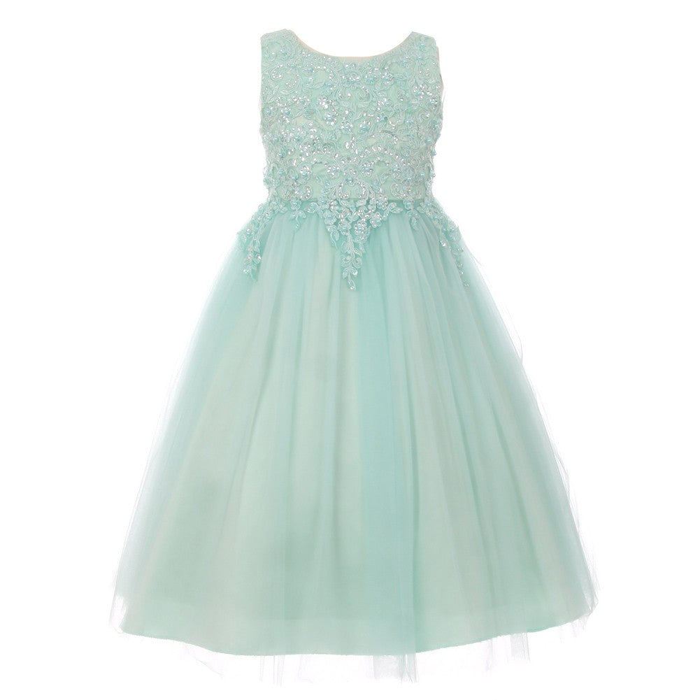 Little Girls Mint Sparkle Pearl Sequin Satin Tulle Flower Girl Dress 4-6