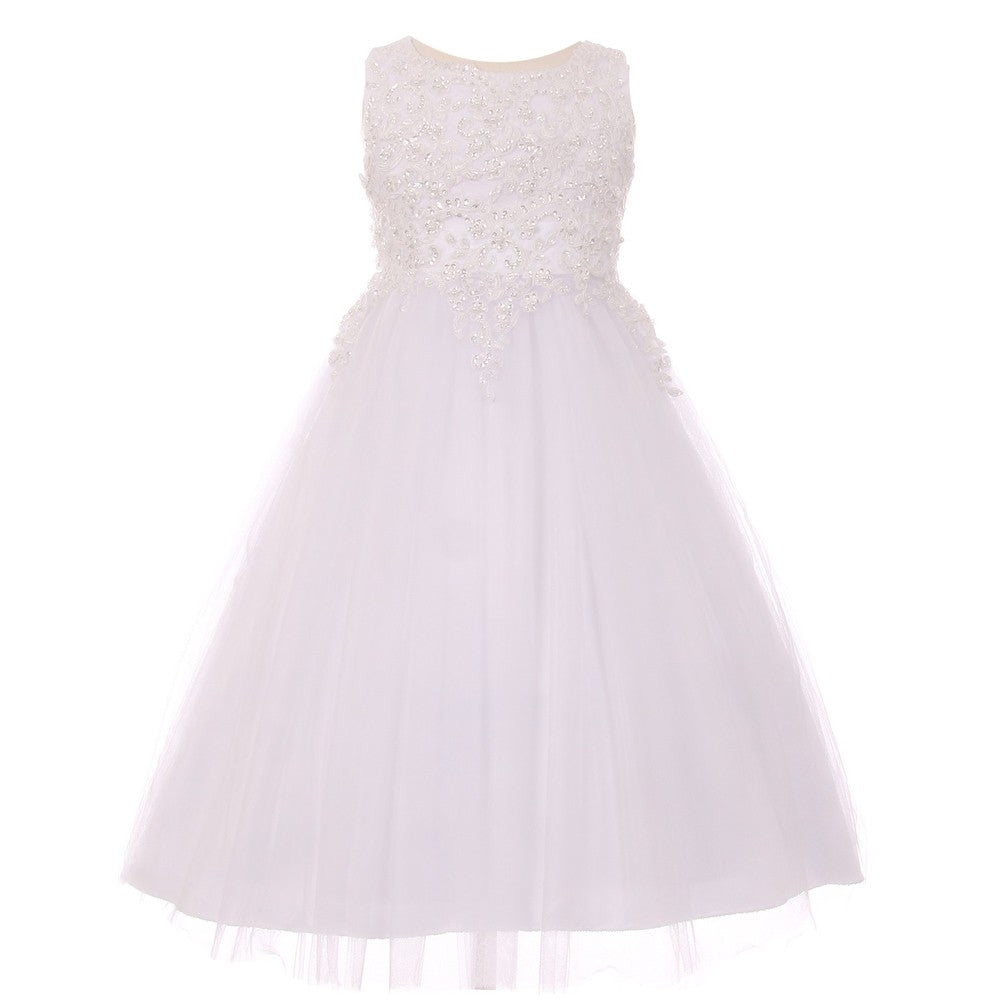 Little Girls White Sparkle Pearl Sequin Satin Tulle Flower Girl Dress 4-6