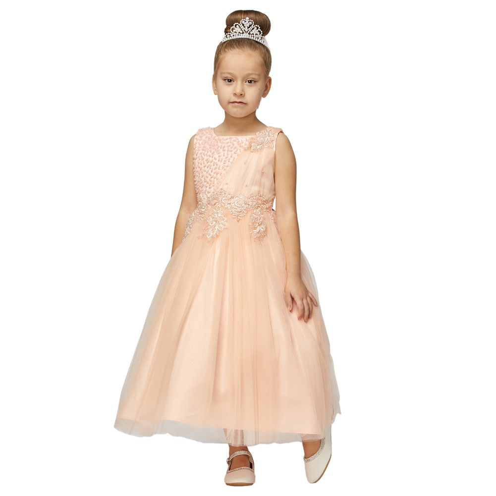 Cream Pearl Bead Coil Lace Satin Tulle Junior Bridesmaid Dress size Big Girls 8-16