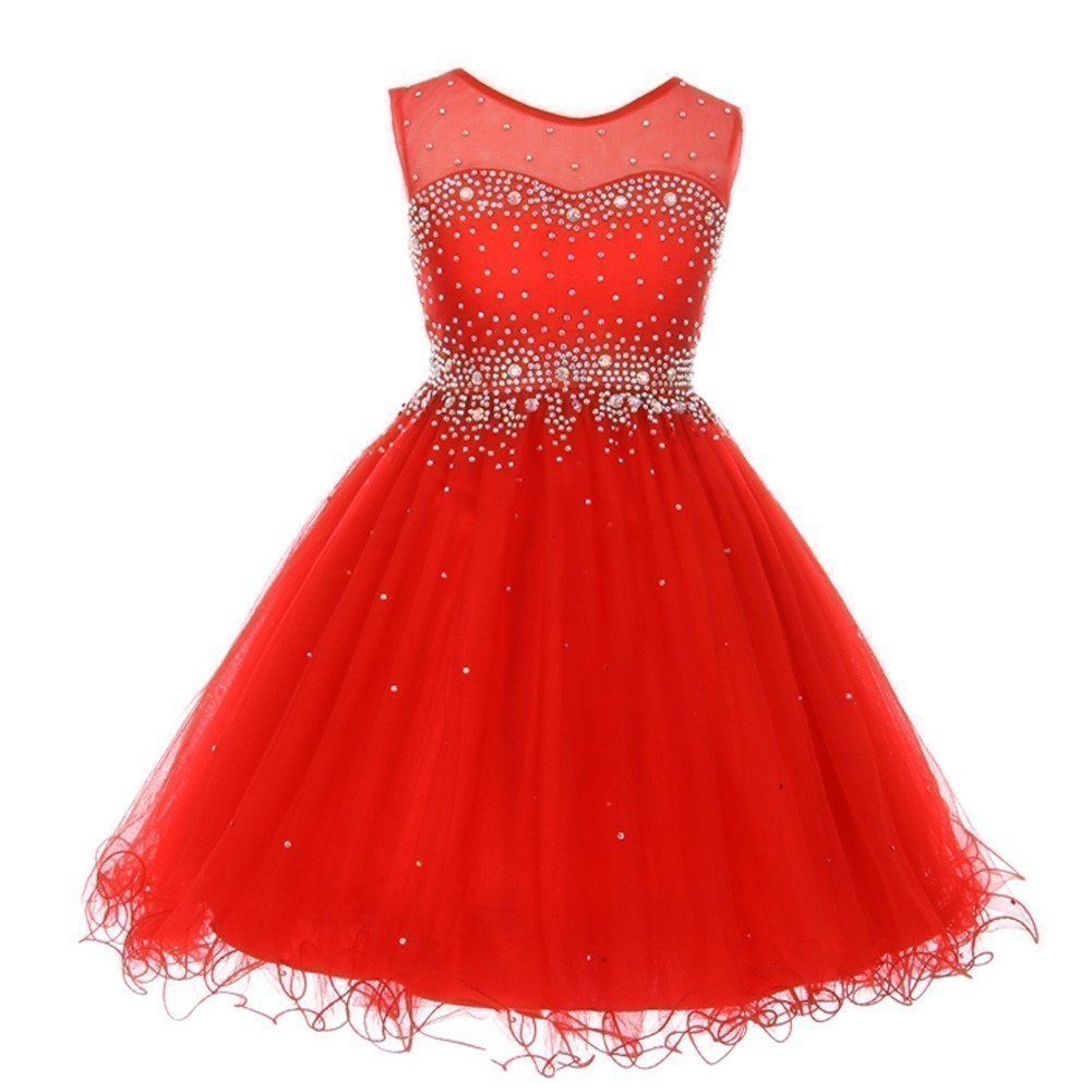 Little Girls Red Sparkling Rhinestone Illusion Tulle Party Formal Dress 4-6