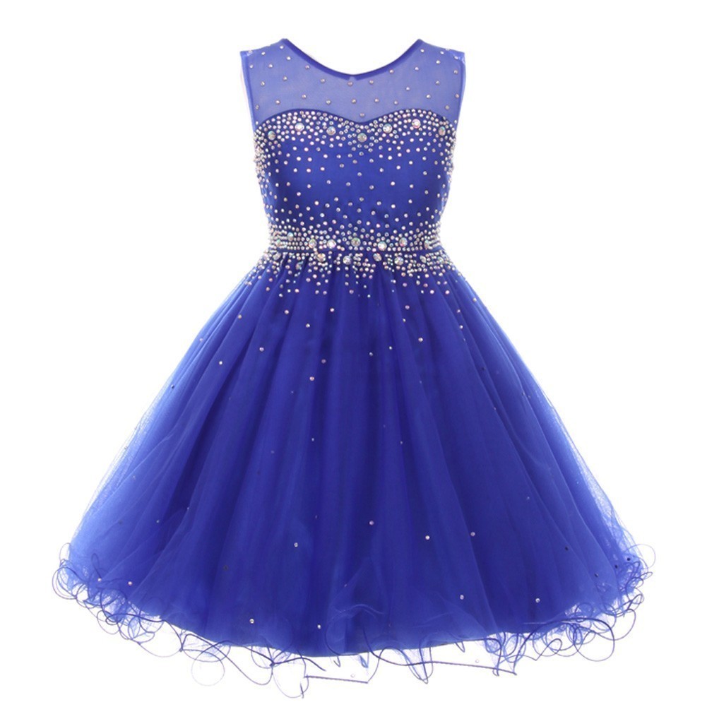 Big Girls Royal Blue Sparkling Rhinestone Illusion Tulle Party Formal Dress 8-16