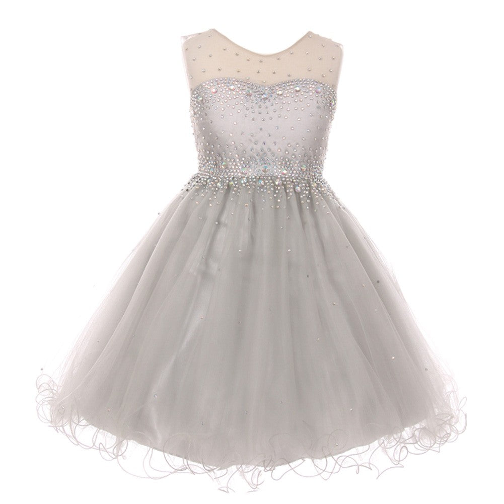 Big Girls Sparkling Rhinestone Illusion Tulle Party Formal Dress 12-14