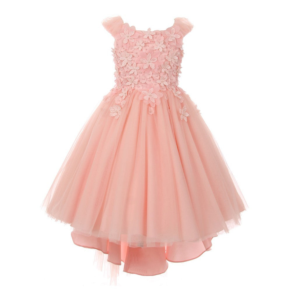 Little Girls Blush 3D Flower Adorned Soft Tulle Hi-Low Flower Girl Dress 4-6