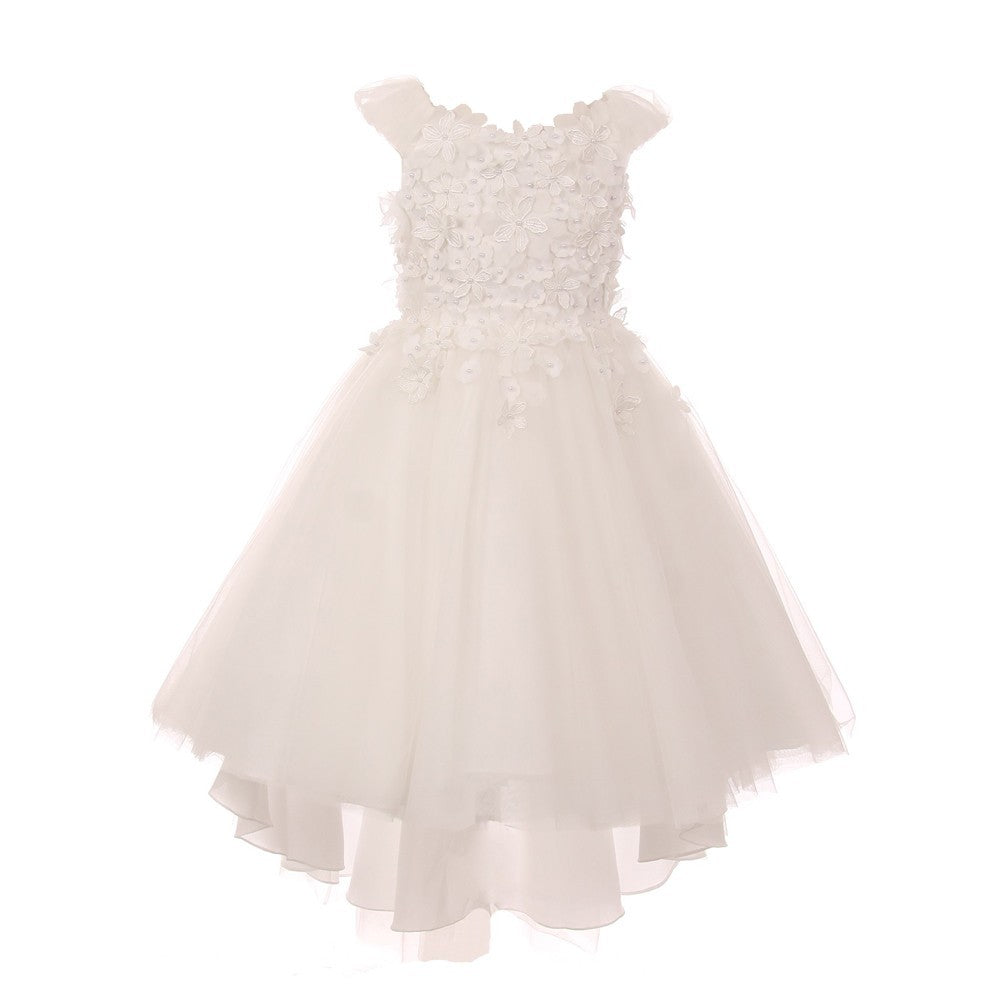 Little Girls Ivory 3D Flower Adorned Soft Tulle Hi-Low Flower Girl Dress 4-6