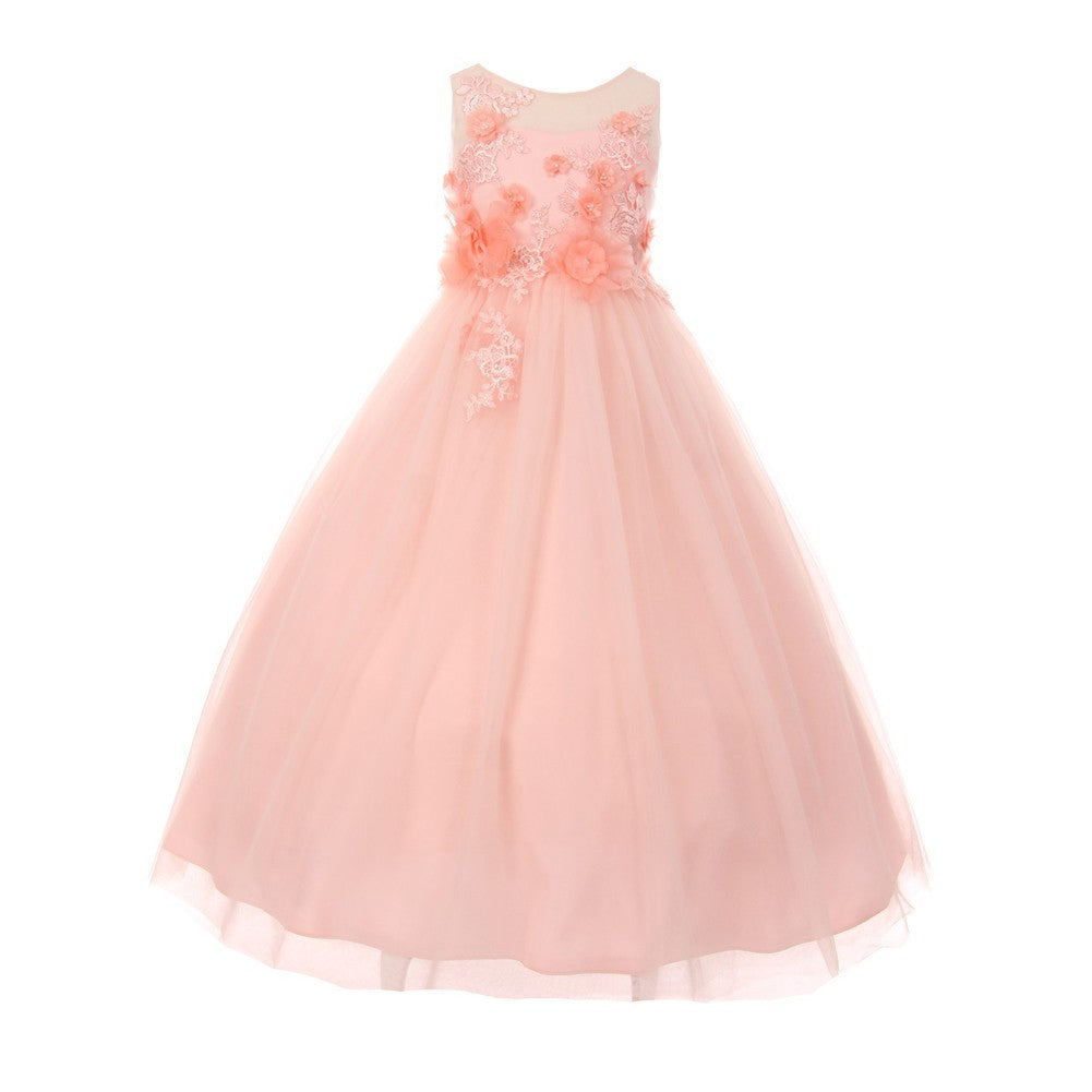 Big Girls Blush 3D Flower Adorned Tulle Illusion Junior Bridesmaid Dress 8-16