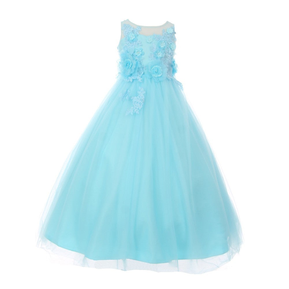 Little Girls Aqua 3D Flower Adorned Soft Tulle Illusion Flower Girl Dress 4-6