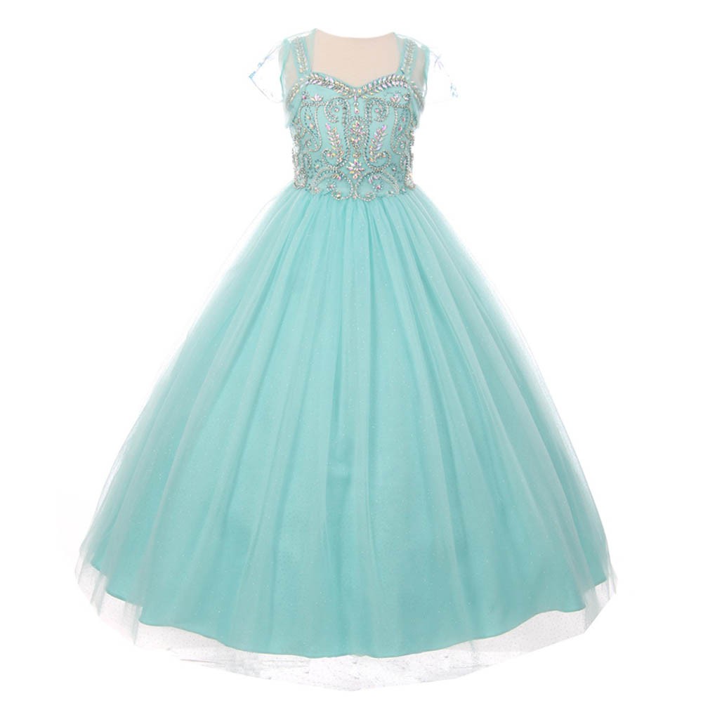 Little Girls Aqua Bedazzled Rhinestone Tulle Bolero Special Occasion Dress 4-6