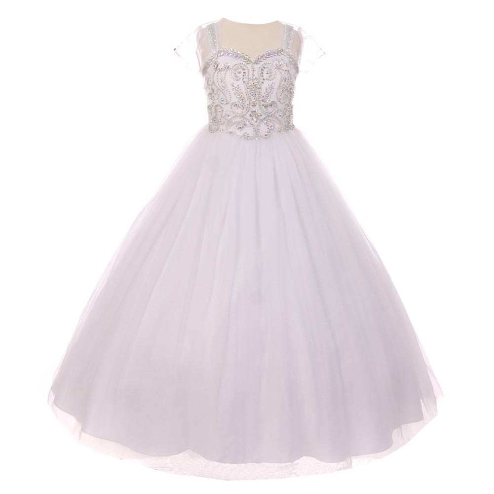 Little Girls White Bedazzled Rhinestone Tulle Bolero Special Occasion Dress 4-6