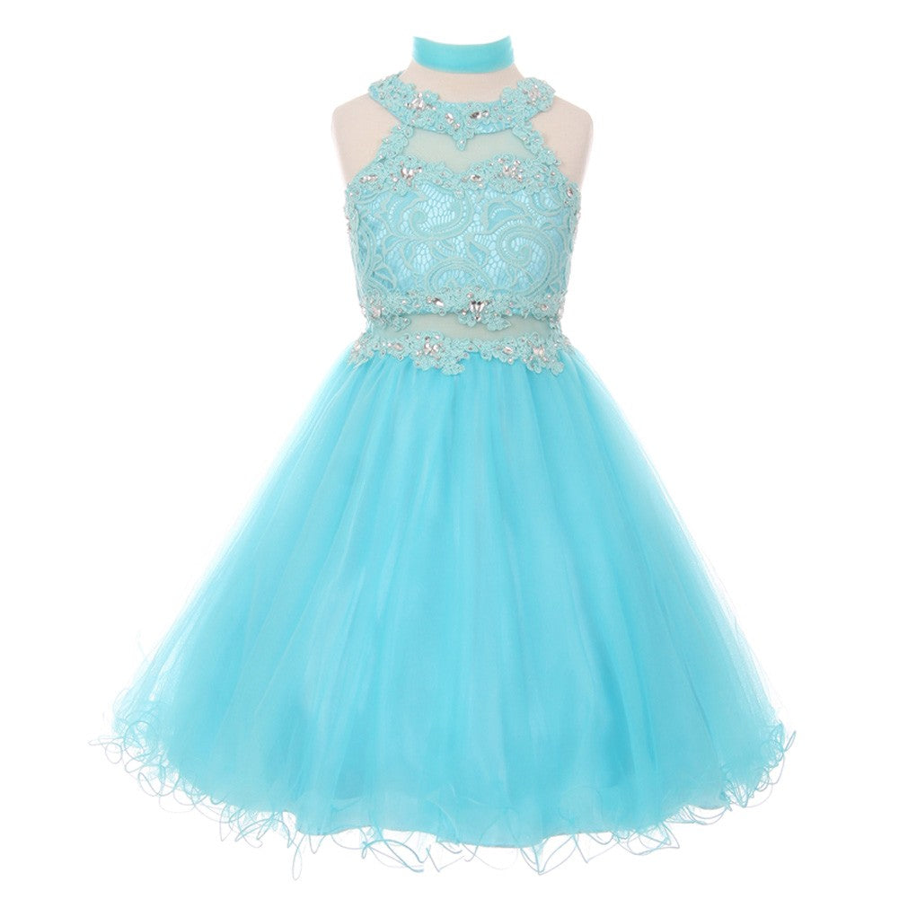 Little Girls Aqua Rhinestone Halter Neck Lace Tulle Flower Girl Dress 4-6