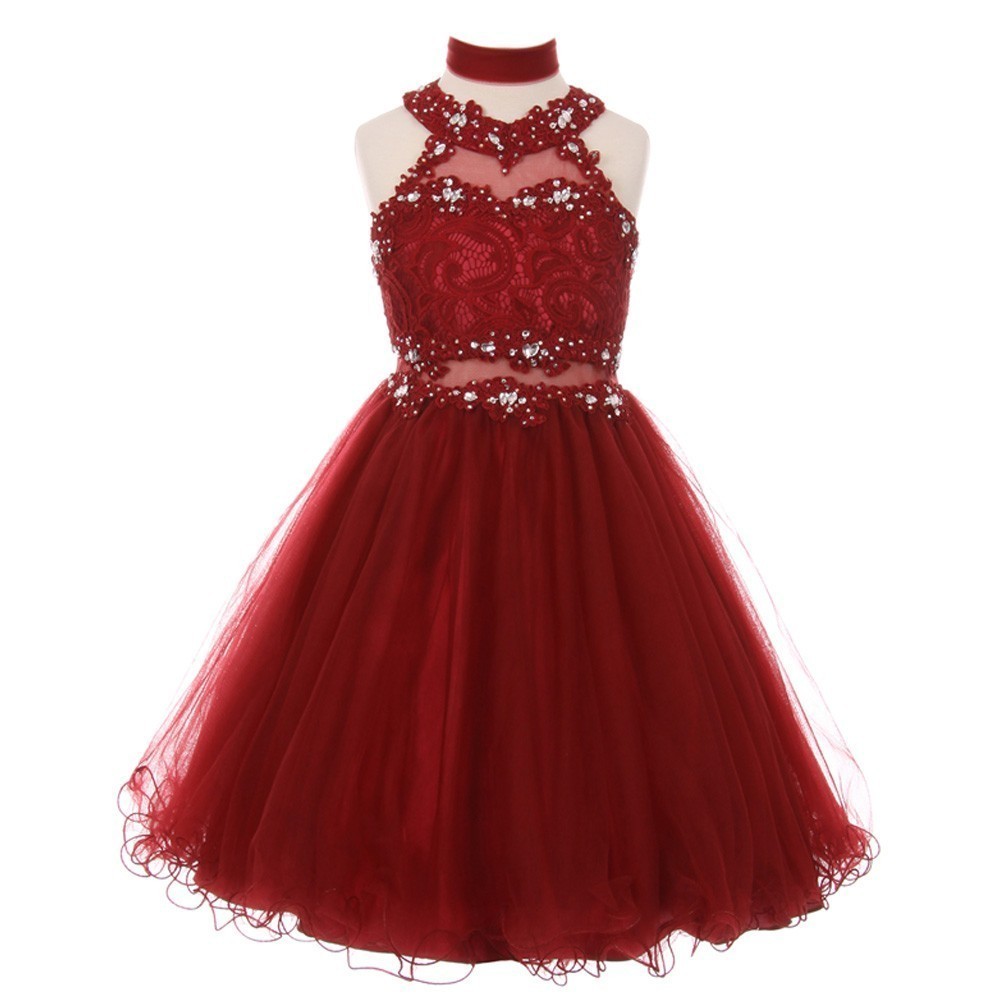 Little Girls Burgundy Rhinestone Halter Neck Lace Flower Girl Dress 4-6