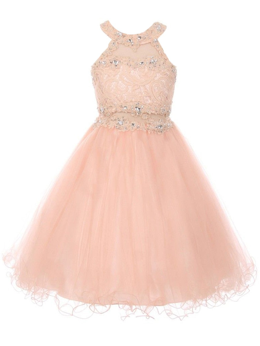 Big Girls Blush Rhinestone Halter Neck Lace Tulle Junior Bridesmaid Dress 8-20