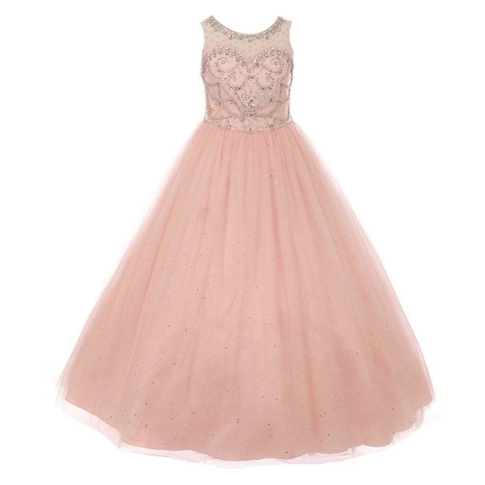 Big Girls Blush Pink Crystal Glitter Tulle Floor Length Pageant Dress 8-16