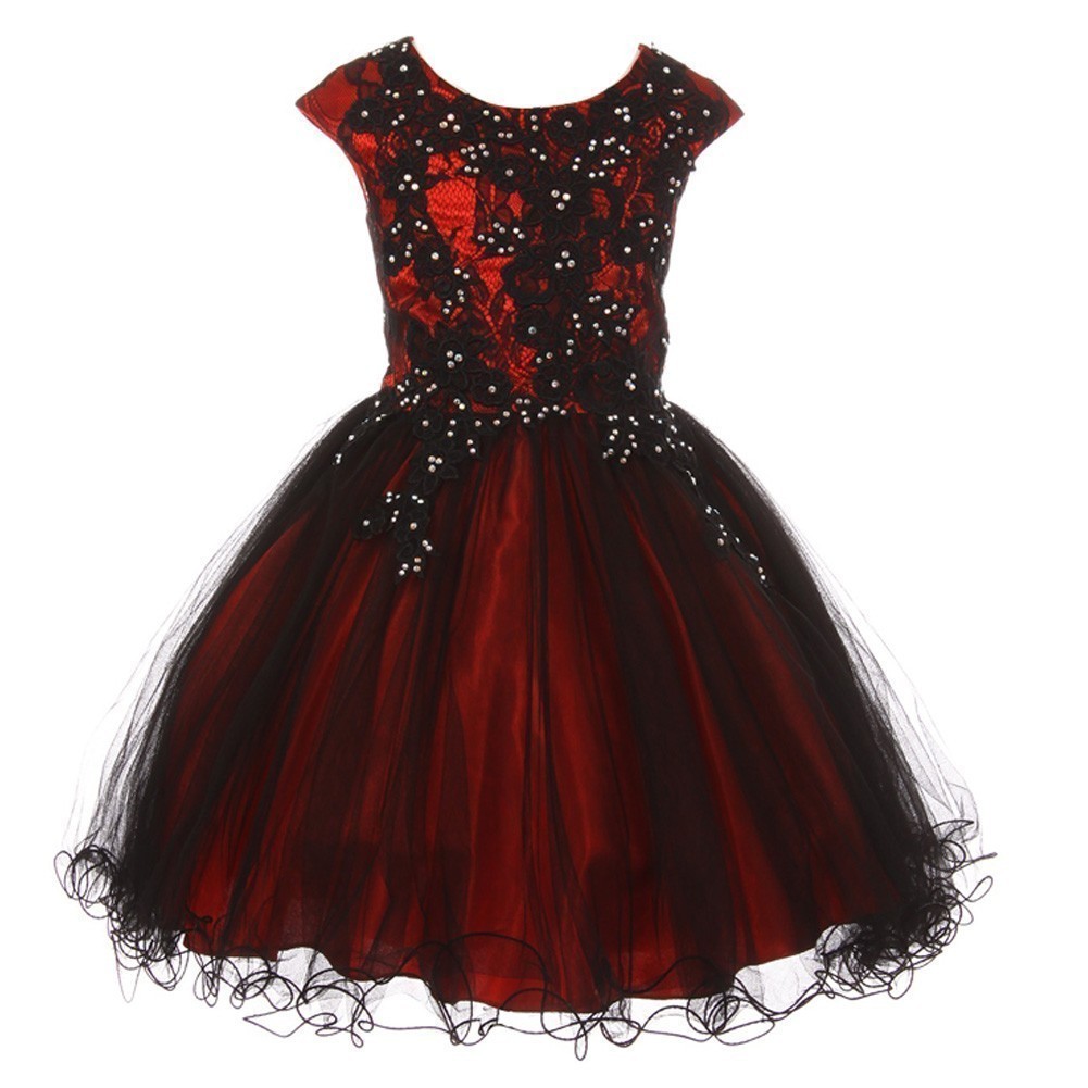Big Girls Red Black Rhinestone Embroidered Lace Junior Bridesmaid Dress 8-16