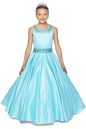 Little Girls Aqua Shimmery Beaded Pleated Dull Satin Flower Girl Dress 4-6