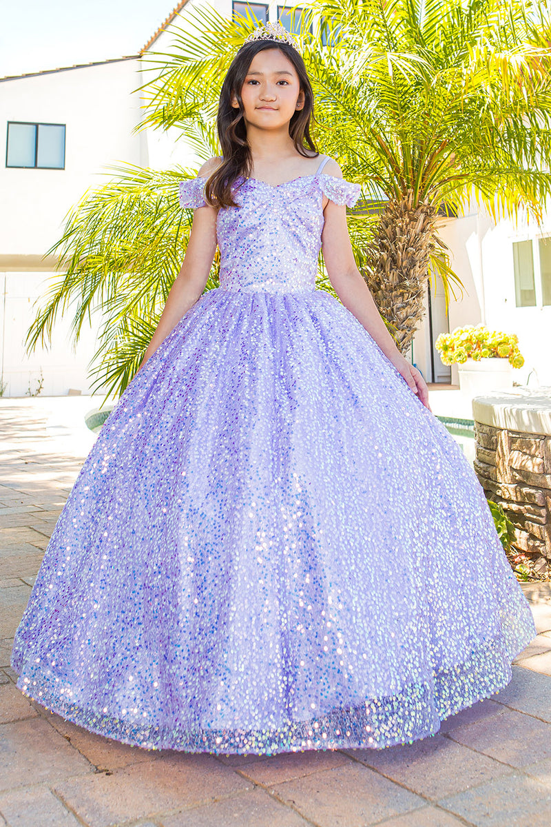 Girls Rainbow Sequin Glitter Tulle Off Shoulder Sweep Train Ball Gown, Size 8