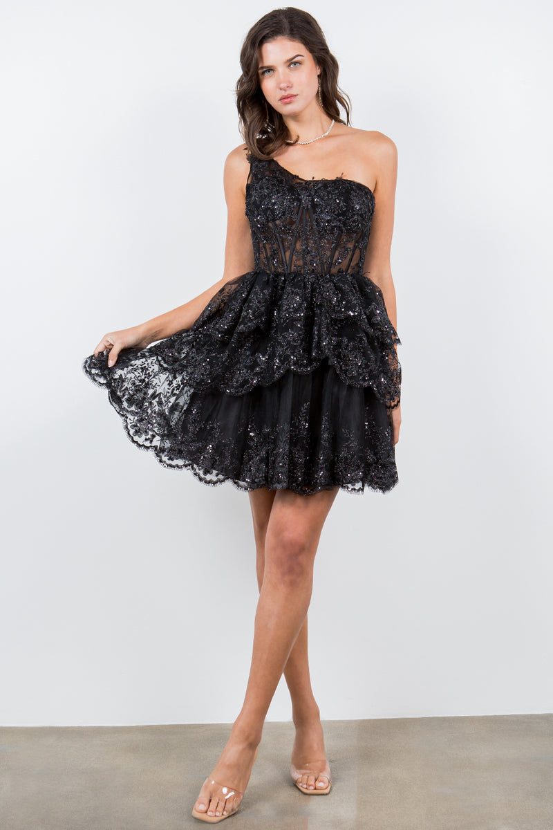 Lace One-Shoulder Tiered Skirt Cocktail Dress for Women 4/XS-16/3X