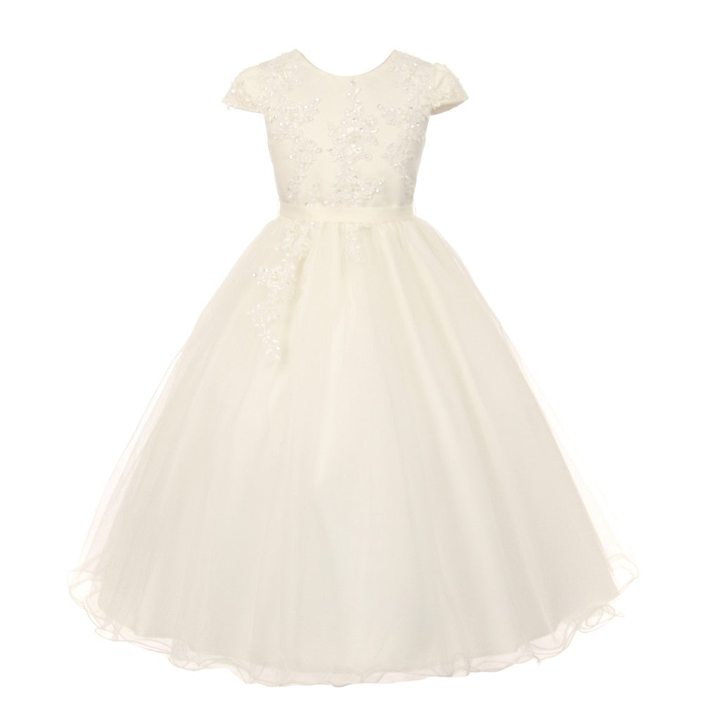 Big Girls Ivory Pearl Sequin Tulle Communion Flower Girl Dress 7-16