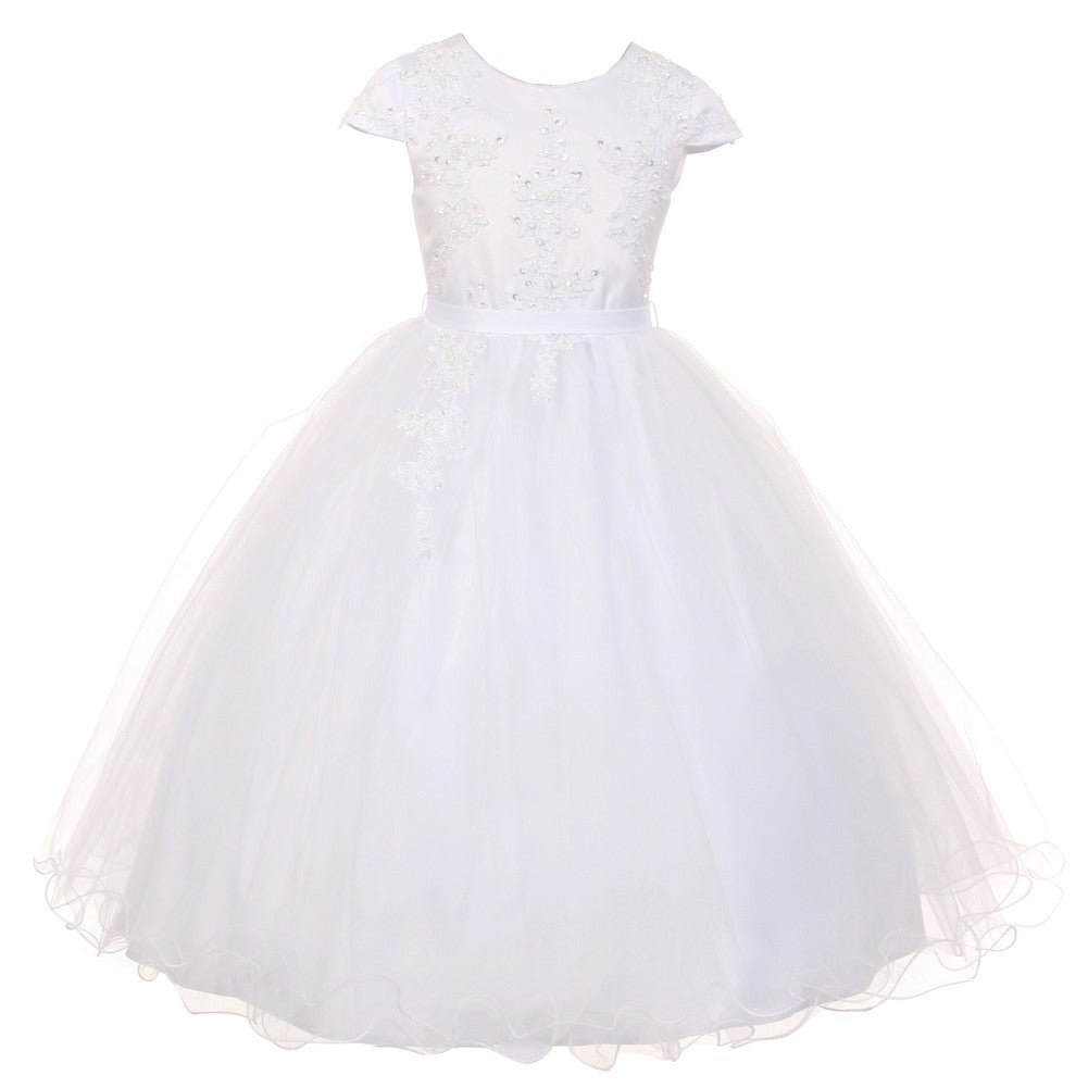 Big Girls White Pearl Sequin Tulle Communion Flower Girl Dress 7-20