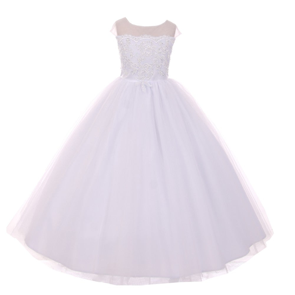 Big Girls White Sheer Organza Satin Sequin Pearl Communion Dress 7-18