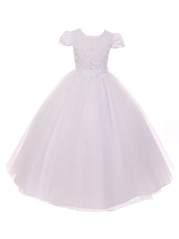 Girls White Pearl Sequin Accent Satin Tulle Communion Dress Size 7