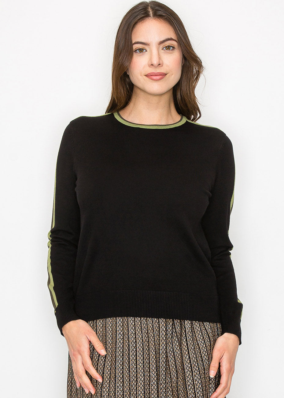Black Sweater with Olive Stripe Detail 7832927371324