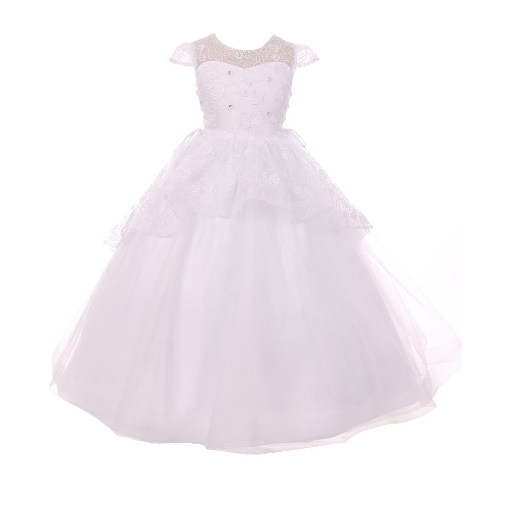 Girls White Floral Pattern Lace Peplum Tulle Communion Dress 12
