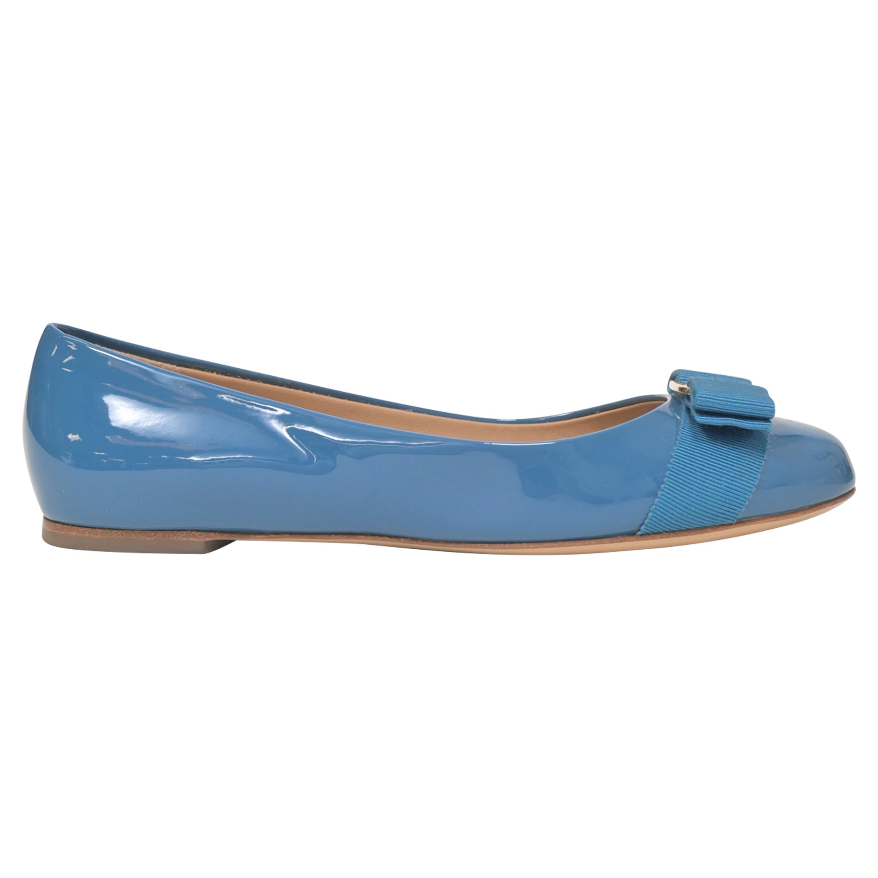 Salvatore Ferragamo Varina Bow Ballet in Blue Patent Leather 7748809424956