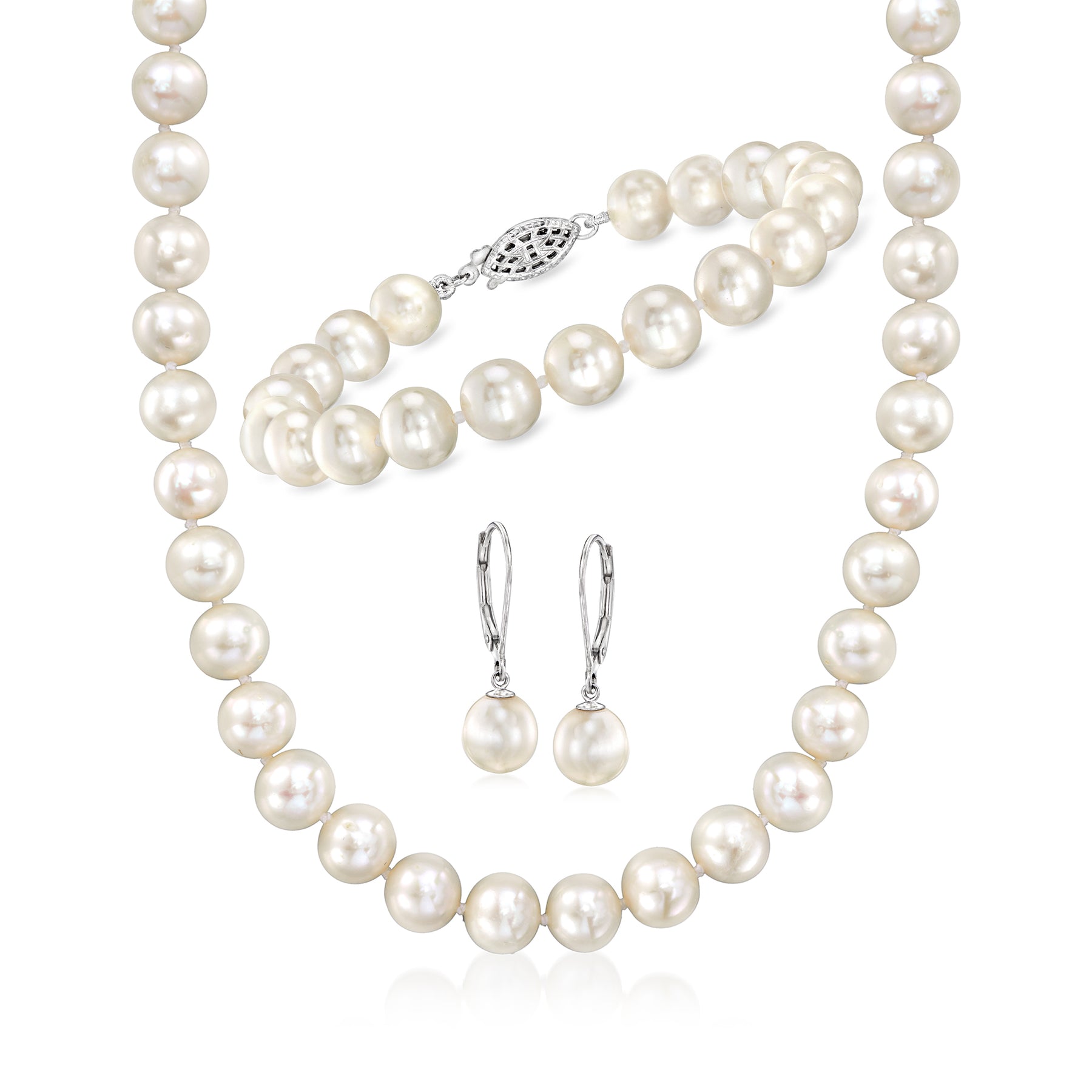 Ross-Simons 8-9mm Cultured Pearl Jewelry Set: Bracelet, Necklace and Drop Earrings With Sterling Silver