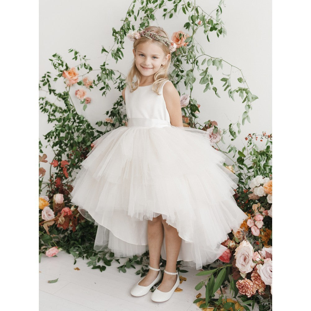 Big Girls Champagne Hi-Low Multi Level Ruffle Tutu Junior Bridesmaid Dress 8-16