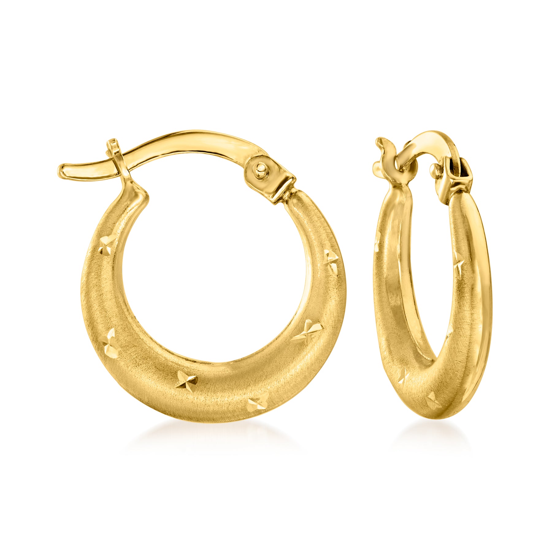 Ross-Simons 14kt Yellow Gold Satin and Polished Star-Pattern Hoop Earrings