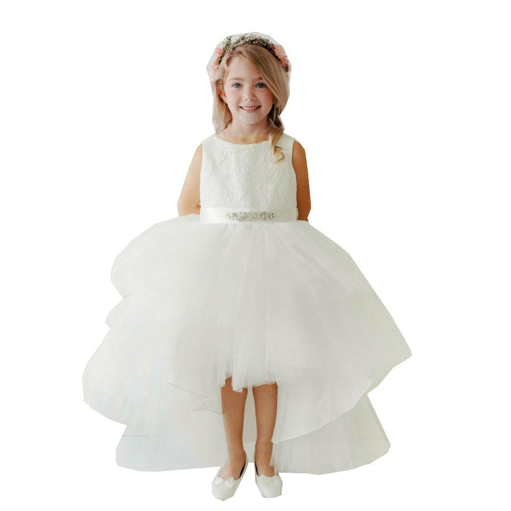 Little Girls Ivory Lace Bodice Beaded Sash Hi-Low Flower Girl Dress 2-6