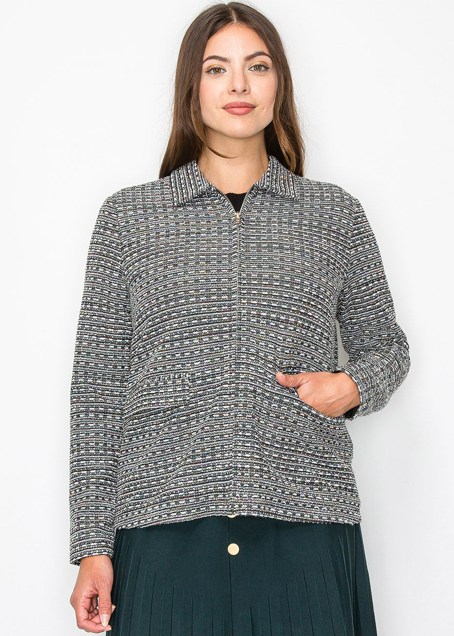 Collared Knit Jacket with Geometric Pattern 7833030852668