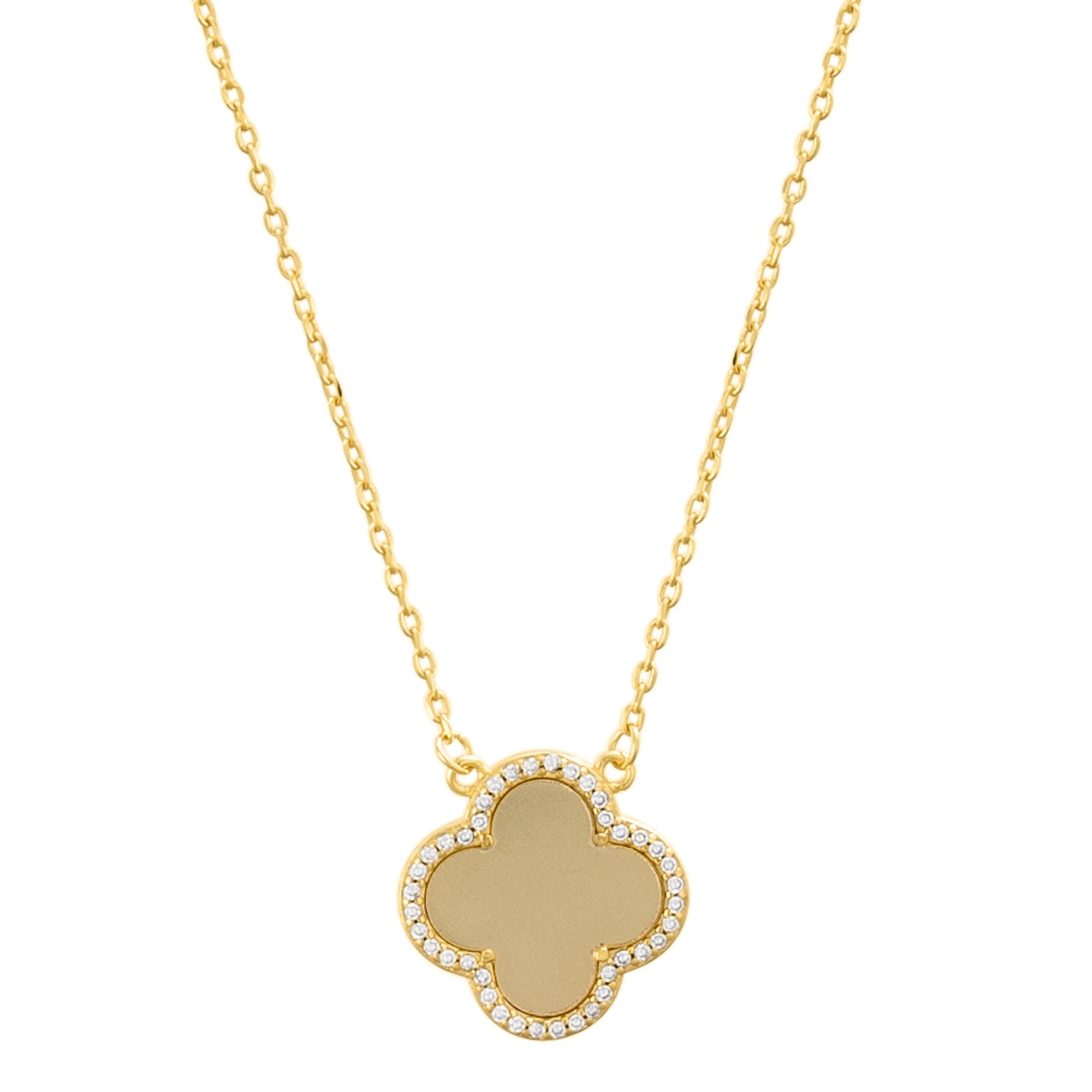 14k Gold Plated Crystal Halo Matte Center Clover Necklace