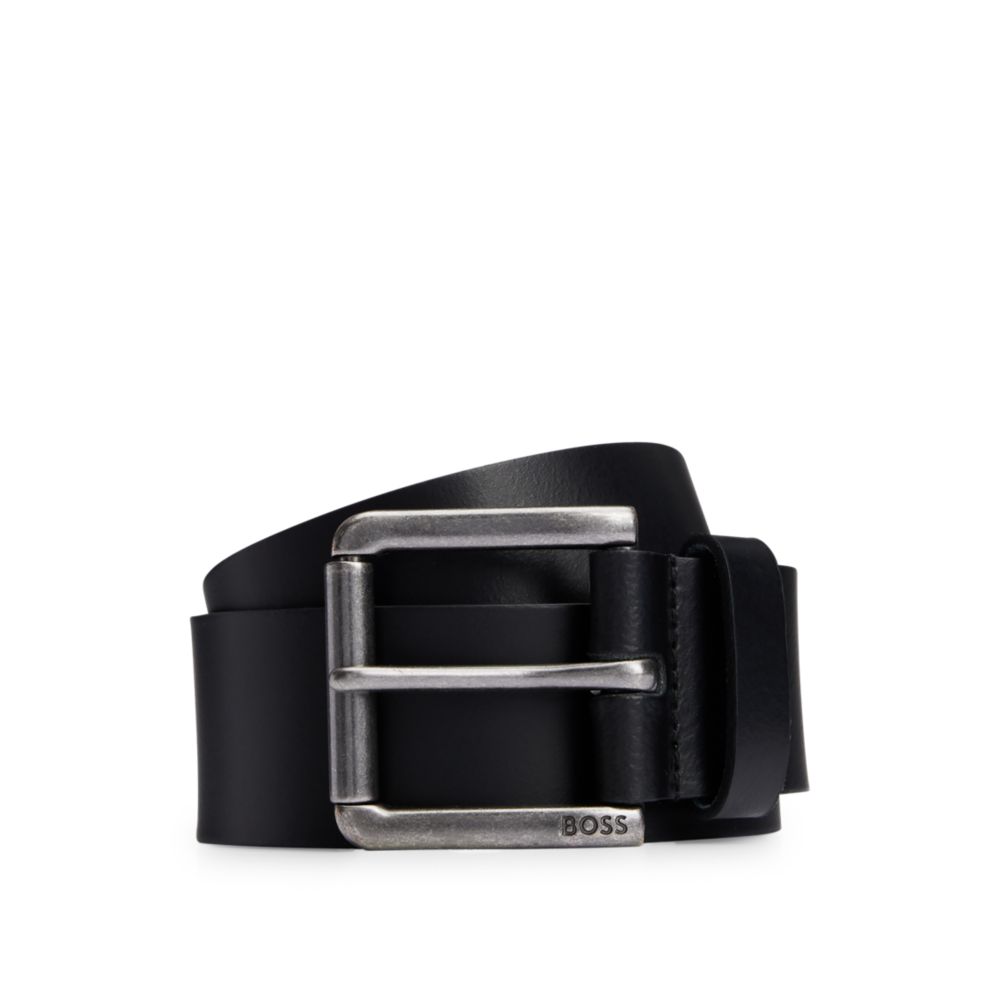 Leather belt with branded pin buckle