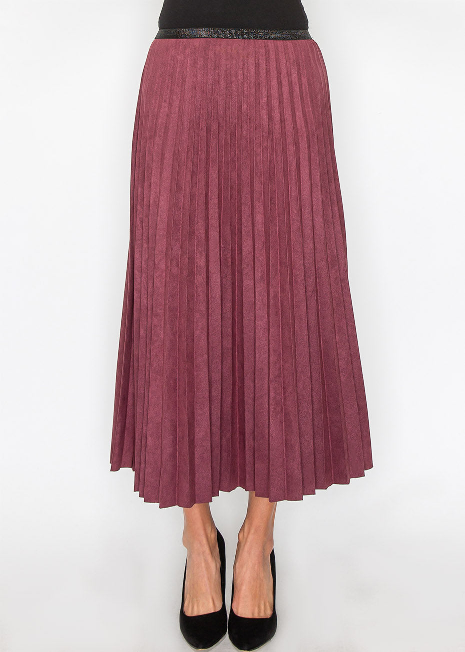 Elegant Burgundy Suede Pleat Midi Skirt 7832962826300