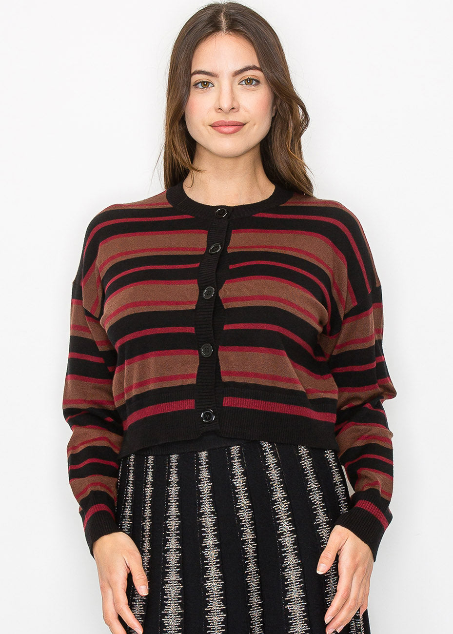 Striped Burgundy & Black Cropped Cardigan 7833131483196