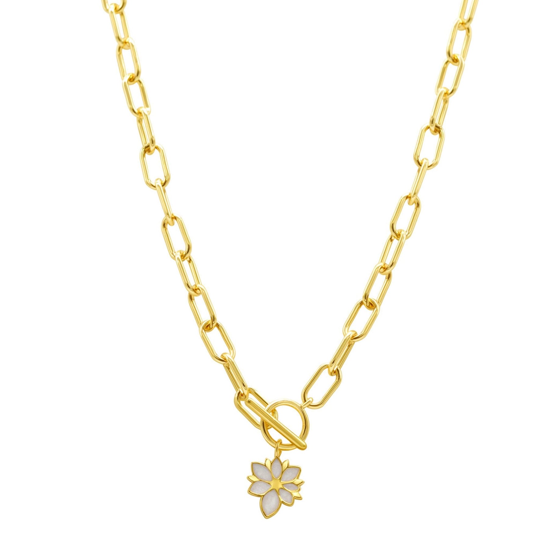 White Mother of Pearl Flower Toggle Paper Clip Necklace gold
