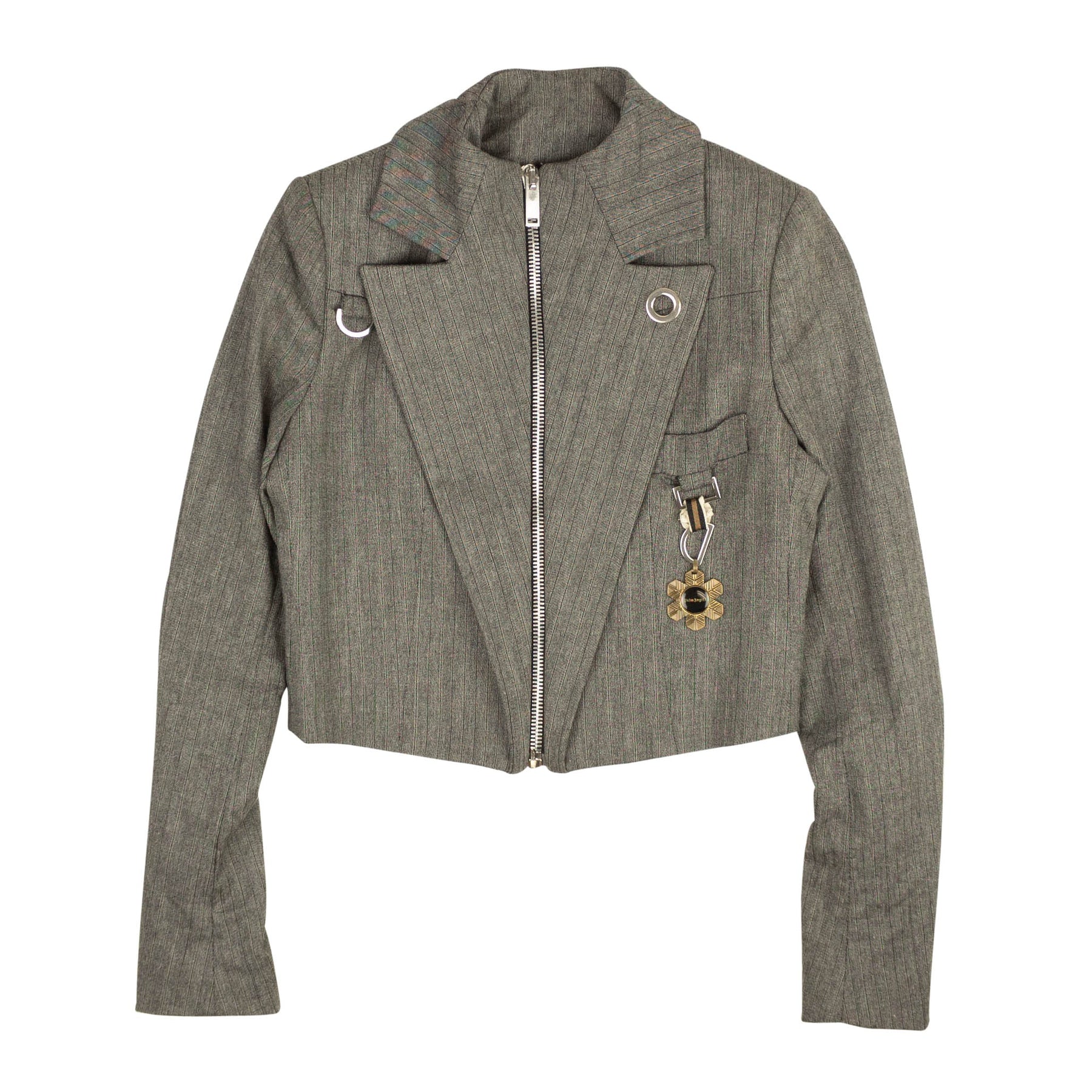 Gray Pinstripe Medal Zip-Up Blazer