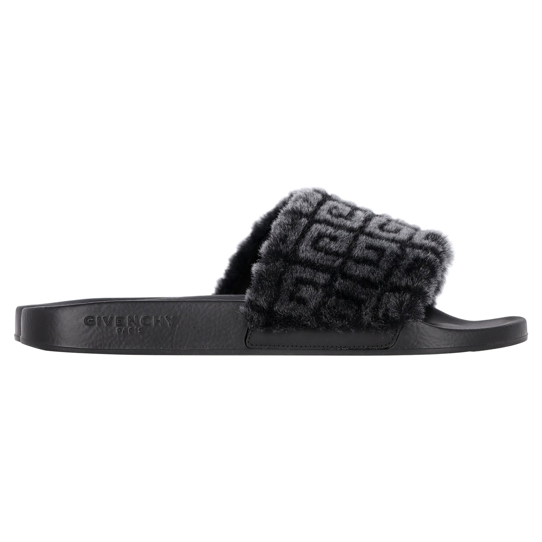 Givenchy Logo-Print Shearling Slides in Black Rubber