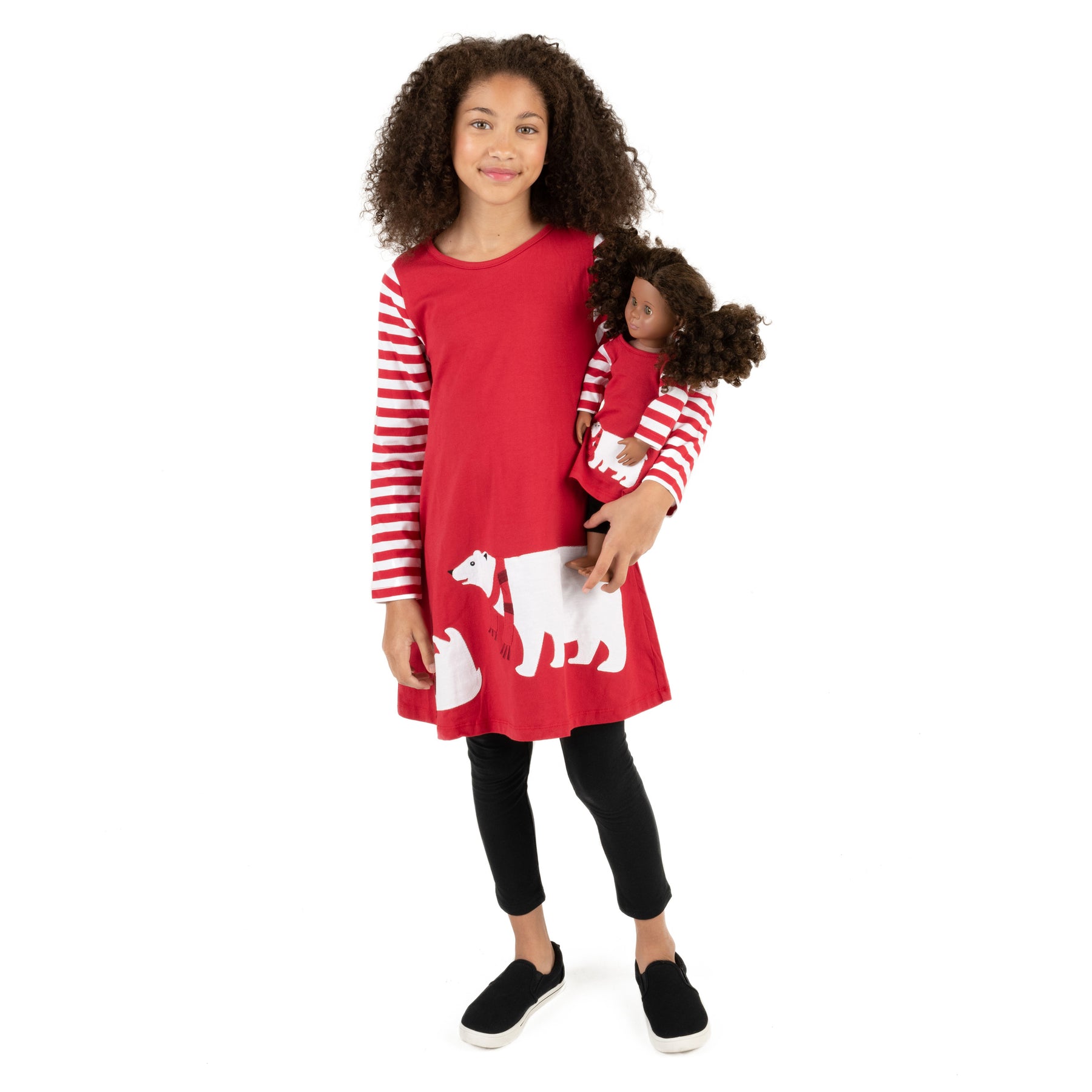 Christmas Girls and Matching Doll Cotton Dress Bear