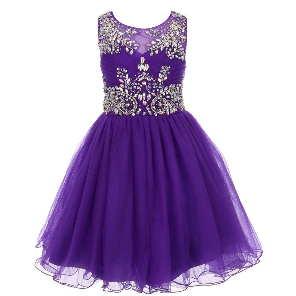 Big Girls Purple Tulle AB Stone Wired Flower Girl Dress 8-16