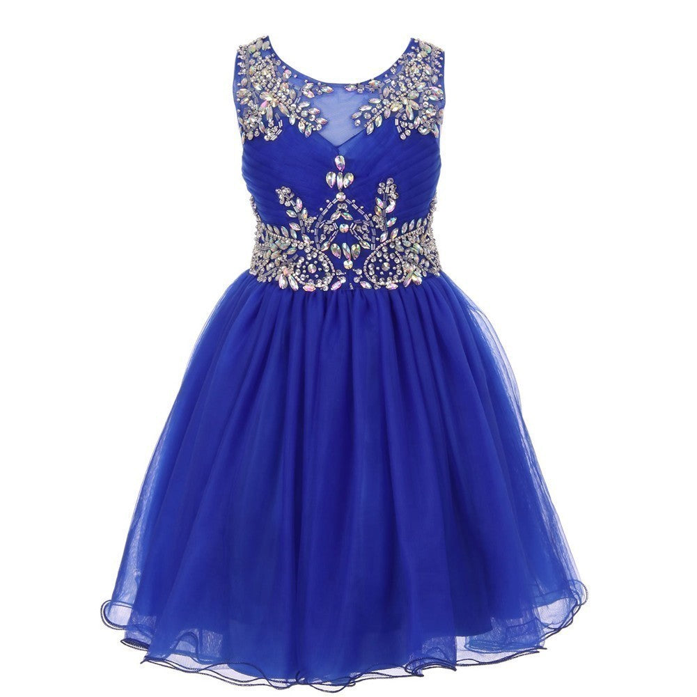 Big Girls Royal Blue Tulle AB Stone Wired Flower Girl Dress 12