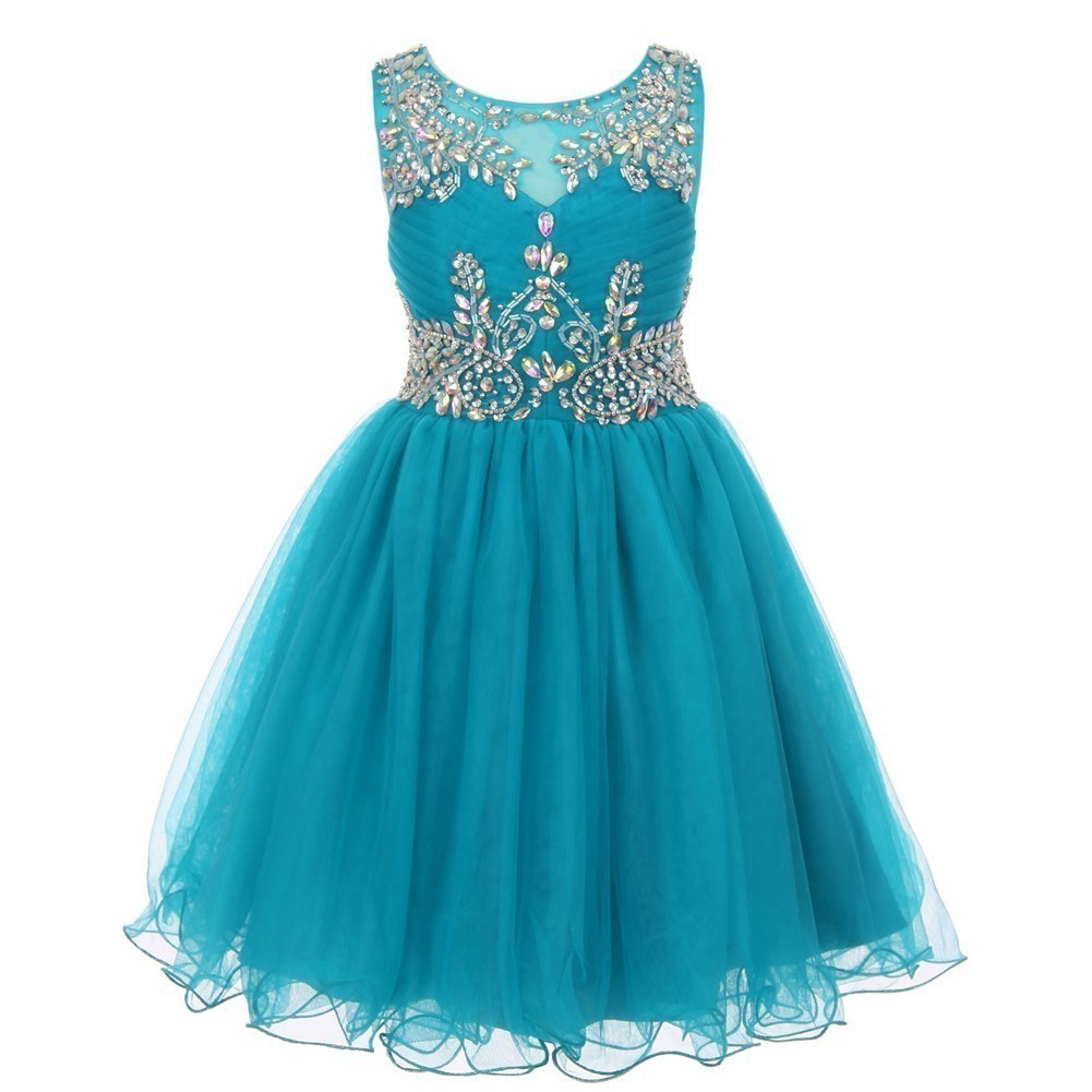 Little Girls Teal Tulle AB Stone Wired Flower Girl Dress 4-6