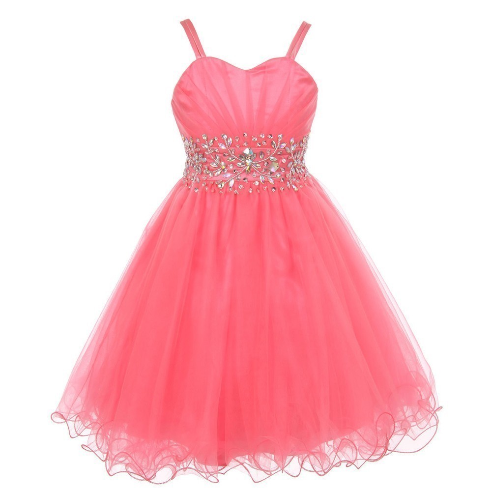 Big Girls Coral Stone Encrusted Pleated Tulle Junior Bridesmaid Dress 8-16
